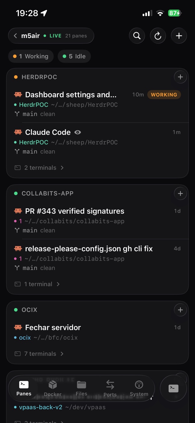 Herdr workspaces with working and idle agent panes